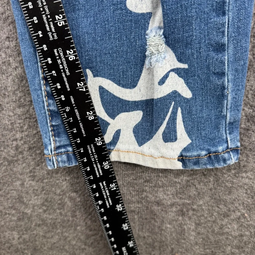 Womens Blue Abstract Graphic Print Distressed Straight Leg High Rise Jeans 30